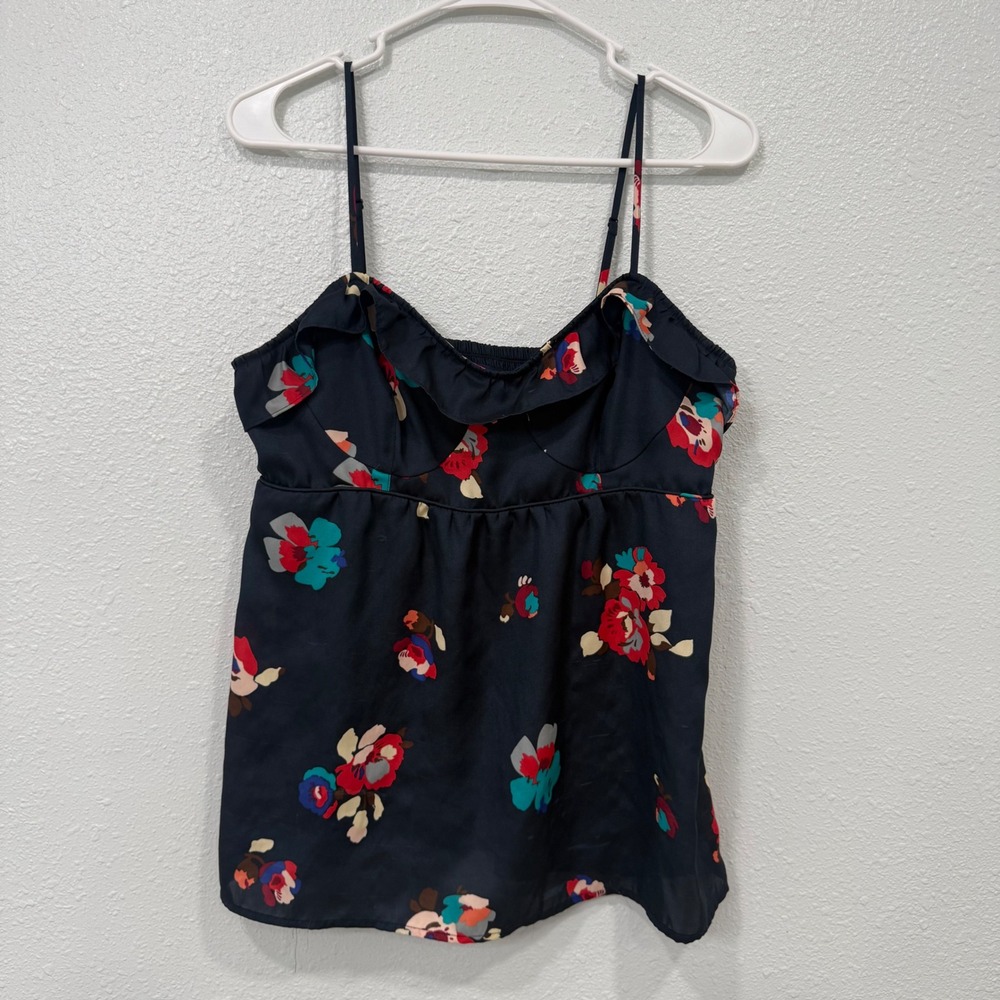American Eagle Floral Ruffle Camisole Top Navy Blue Smocked Back Large L/G
